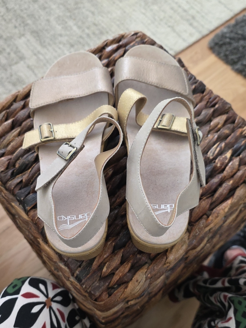 Dansko Beige and Gold Leather Slingback Sandals